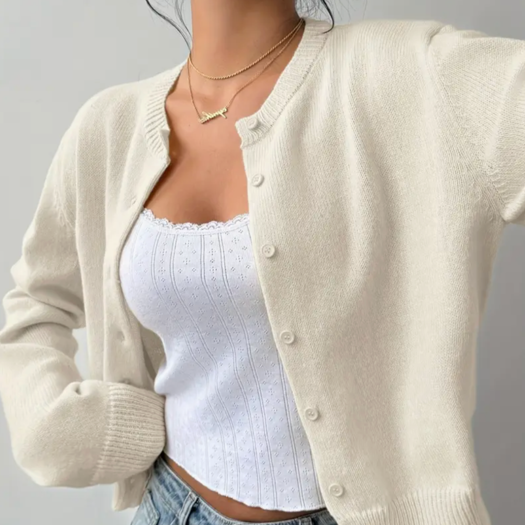 Chic Cropped Knapp Cardigan – Koselig Strikk for Hverdagsstil