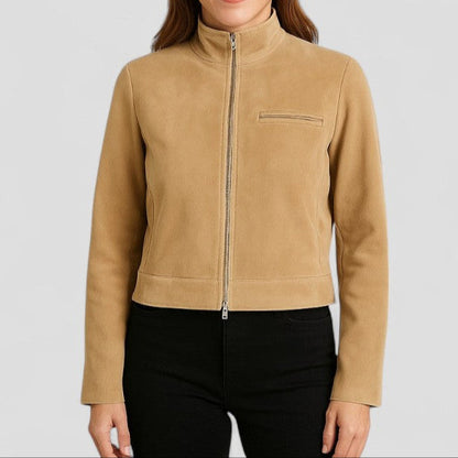 Chic Suede-Style Cropped Jacket with Zipper