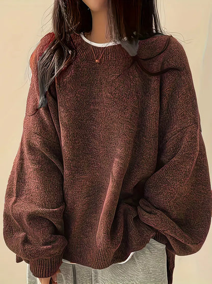 Dame Cozy Lantern Sleeve Strikkegenser - Chic Rund Hals Design