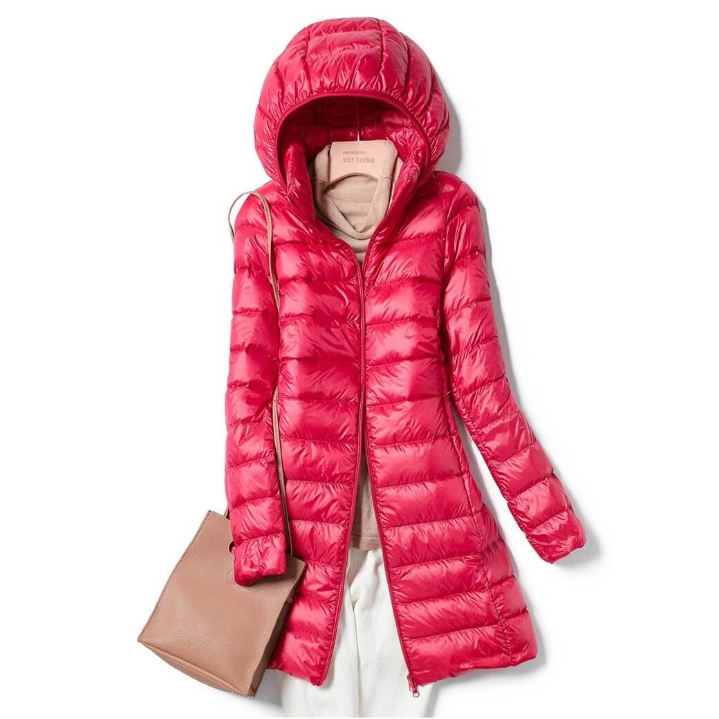 Women's Hooded Longline Puffer Jacket - Quilted Style for Winter Wear