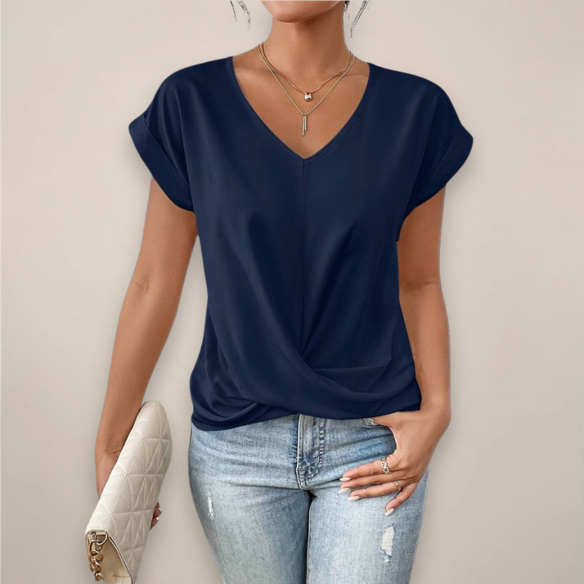 Chic Kvinners V-hals Twist Front Topp for Vår & Sommer