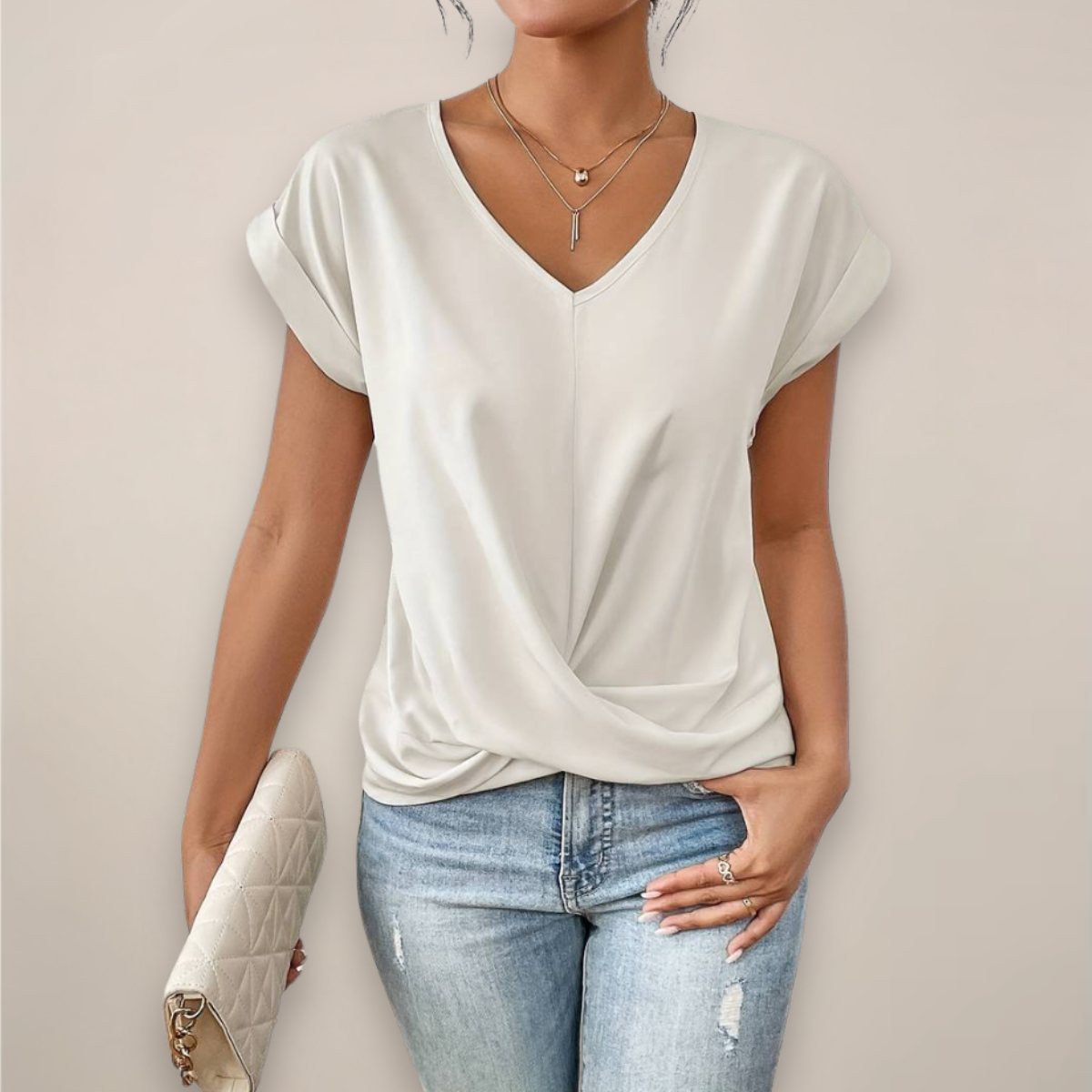 Chic Kvinners V-hals Twist Front Topp for Vår & Sommer