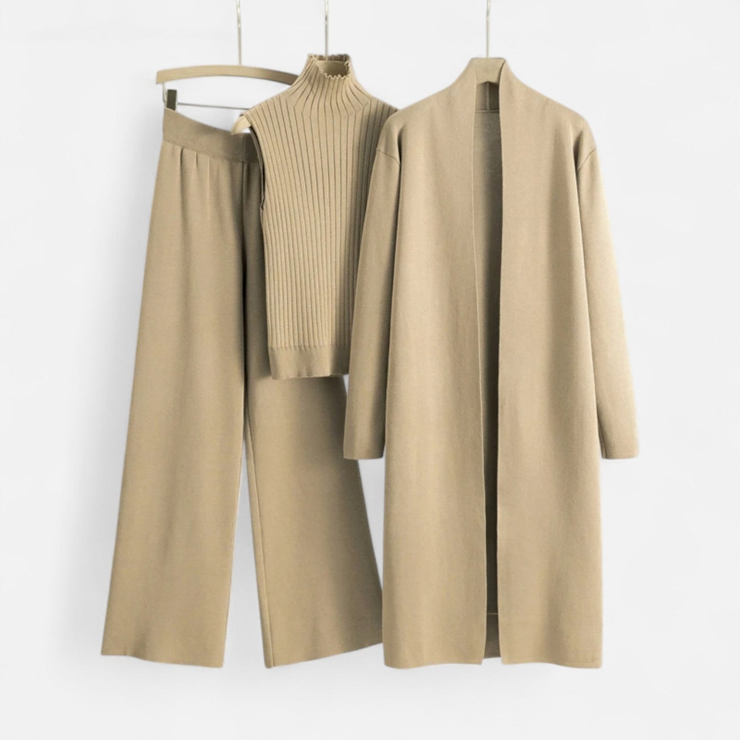 Chic Kvinners Tre-Delt Sett: Uten Ermer Topp, Vide Bukser & Lang Cardigan for Enhver Anledning