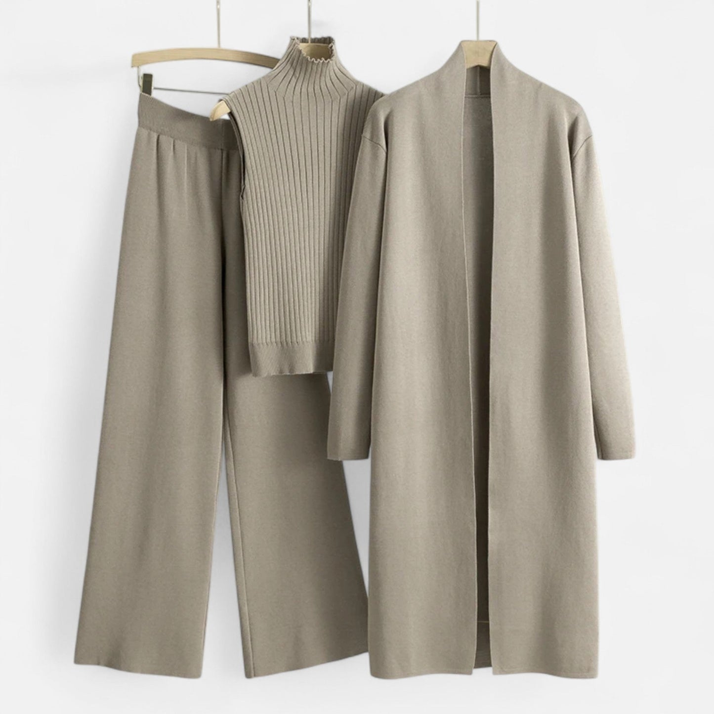 Chic Kvinners Tre-Delt Sett: Uten Ermer Topp, Vide Bukser & Lang Cardigan for Enhver Anledning