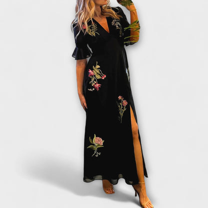 Beatrice - Marineblå Blomsterbrodert Kjole for Spesielle Anledninger