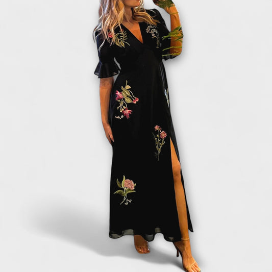 Beatrice - Marineblå Blomsterbrodert Kjole for Spesielle Anledninger