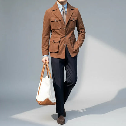 Herre Herringbone Blazer med Gullfargede Detaljer