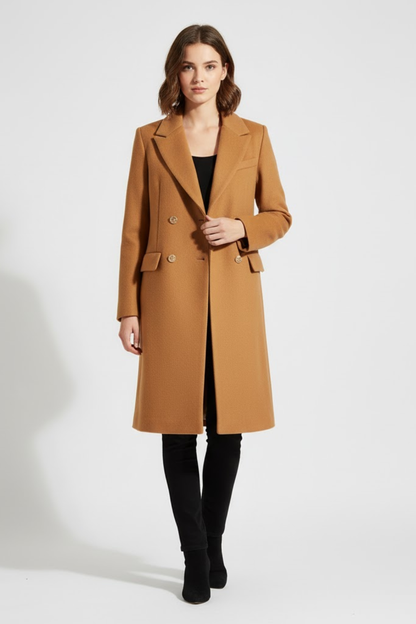 Stilig kamel peacoat med gullknapper for elegante anledninger