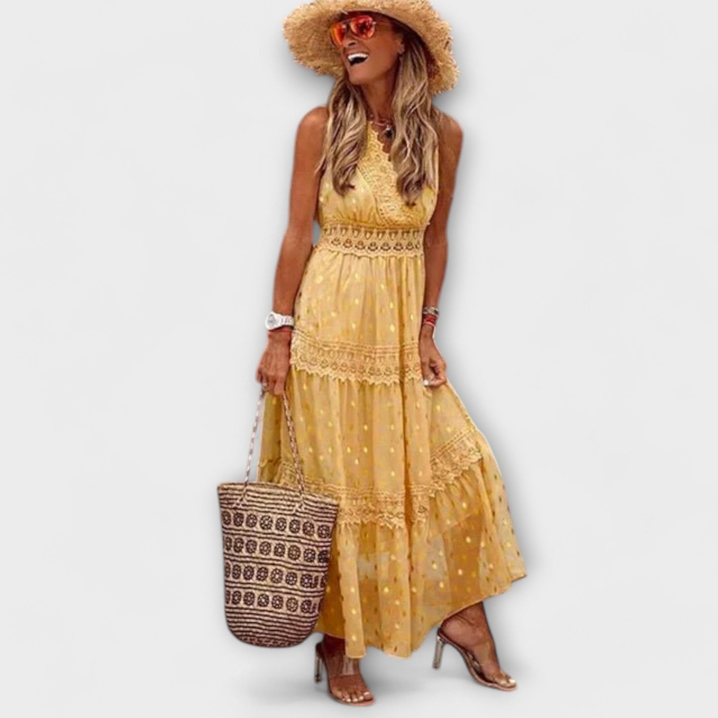 Boho Blonde Maxi Kjole for Festlige Anledninger