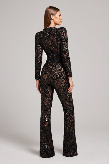 Dame Sequin Blonde Langermet Jumpsuit | Gjennomsiktige Detaljer & Bredbukser for Fester