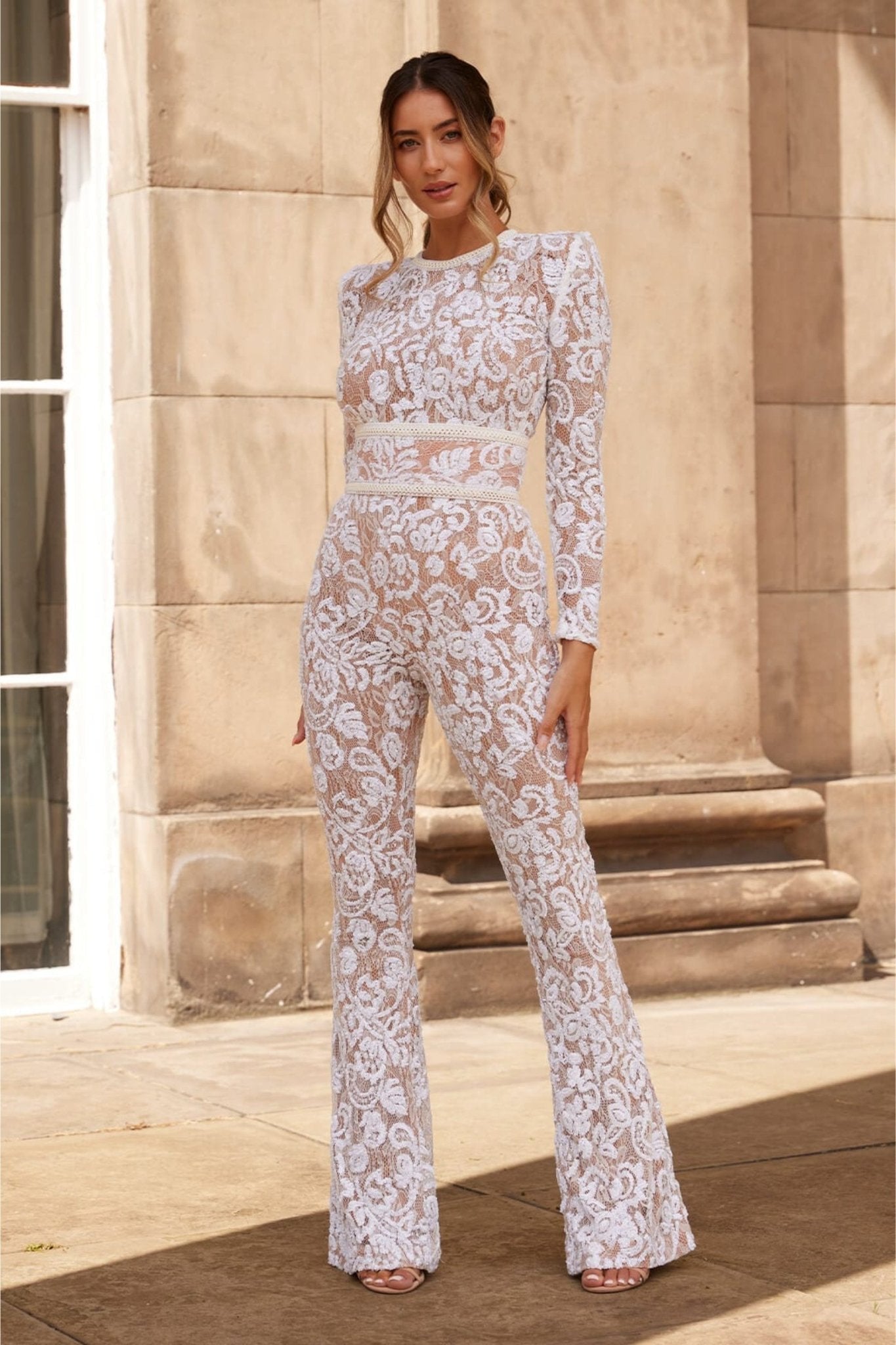 Dame Sequin Blonde Langermet Jumpsuit | Gjennomsiktige Detaljer & Bredbukser for Fester