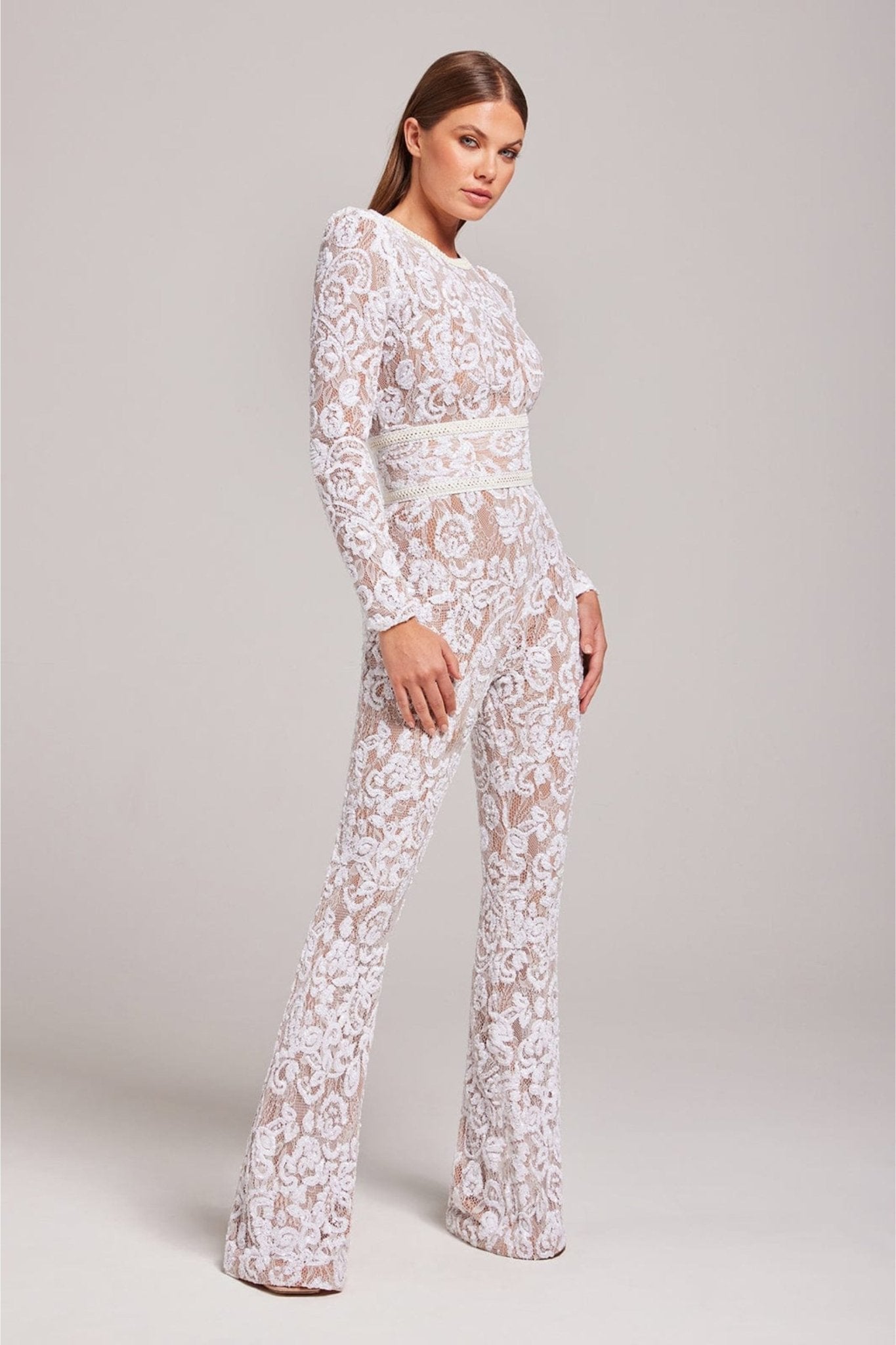 Dame Sequin Blonde Langermet Jumpsuit | Gjennomsiktige Detaljer & Bredbukser for Fester