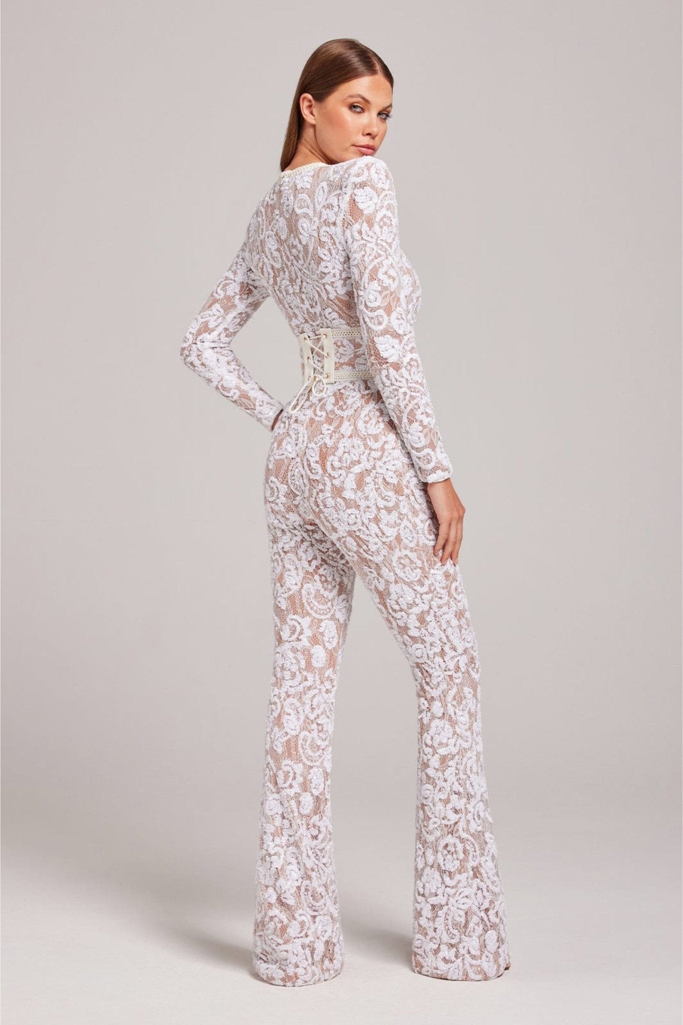 Dame Sequin Blonde Langermet Jumpsuit | Gjennomsiktige Detaljer & Bredbukser for Fester