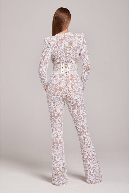 Dame Sequin Blonde Langermet Jumpsuit | Gjennomsiktige Detaljer & Bredbukser for Fester
